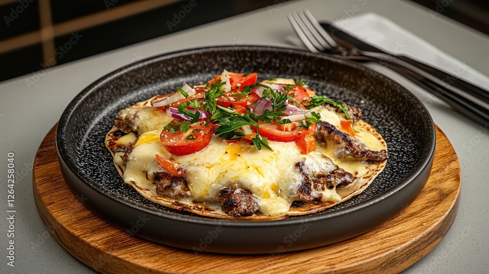 Delicious beef tostada with melted cheese and fresh vegetables on a rustic wooden plate Delicious beef tostada with melted cheese and fresh vegetables on a rustic wooden plate