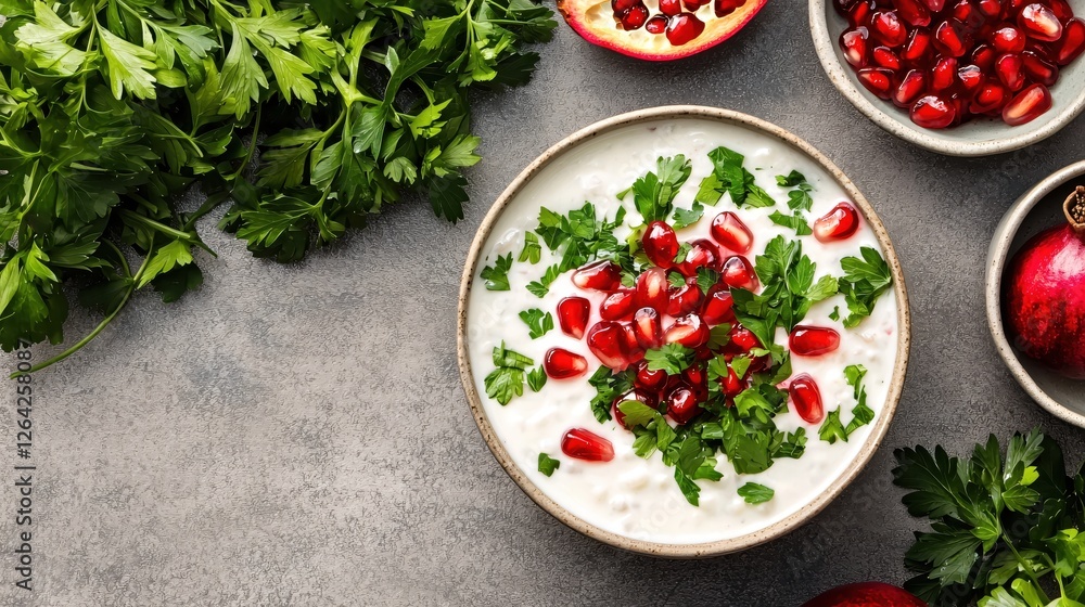 Creamy yogurt bowl with pomegranate seeds and fresh parsley on a textured gray surface Creamy yogurt bowl with pomegranate seeds and fresh parsley on a textured gray surface