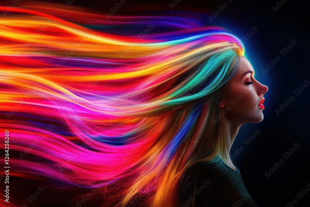 Naklejka premium Vibrant rainbow hair flowing freely, woman in profile. Ideal for beauty, fashion, and vibrant themes.