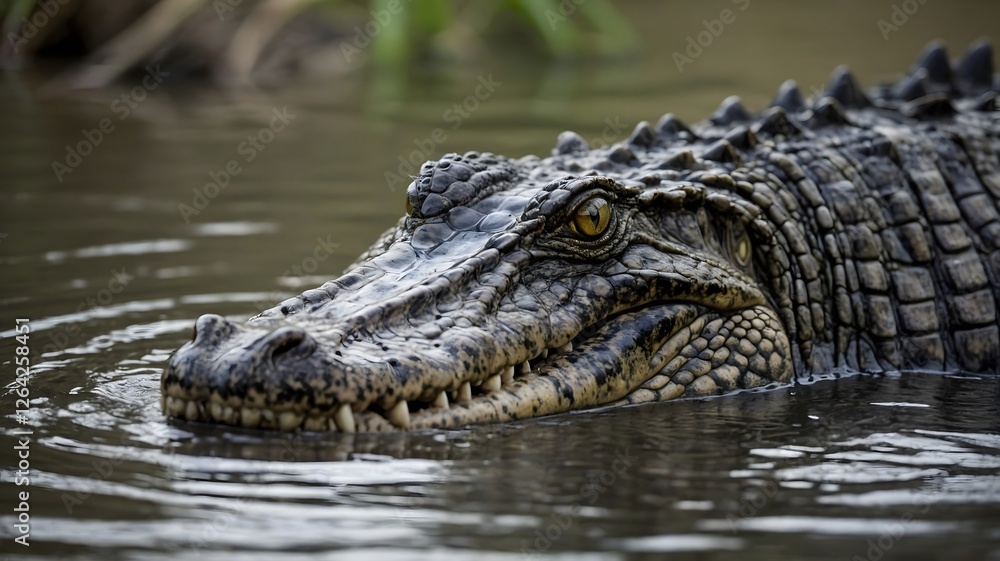 Fototapeta premium Stealthy Predator: Crocodile Hiding Under River's Murky Waters with Visible Eyes