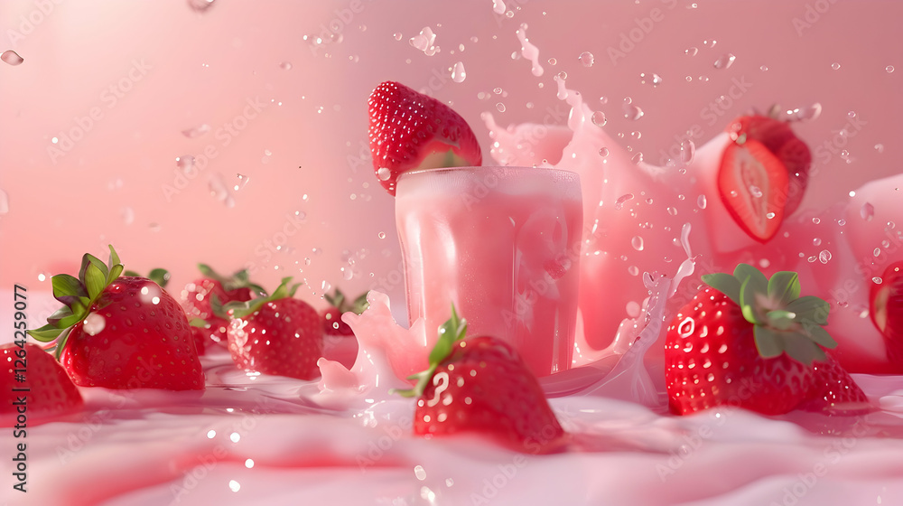 Refreshing strawberry smoothie splashing in a glass surrounded by fresh strawberries on a pink background Refreshing strawberry smoothie splashing in a glass surrounded by fresh strawberries on a pink background