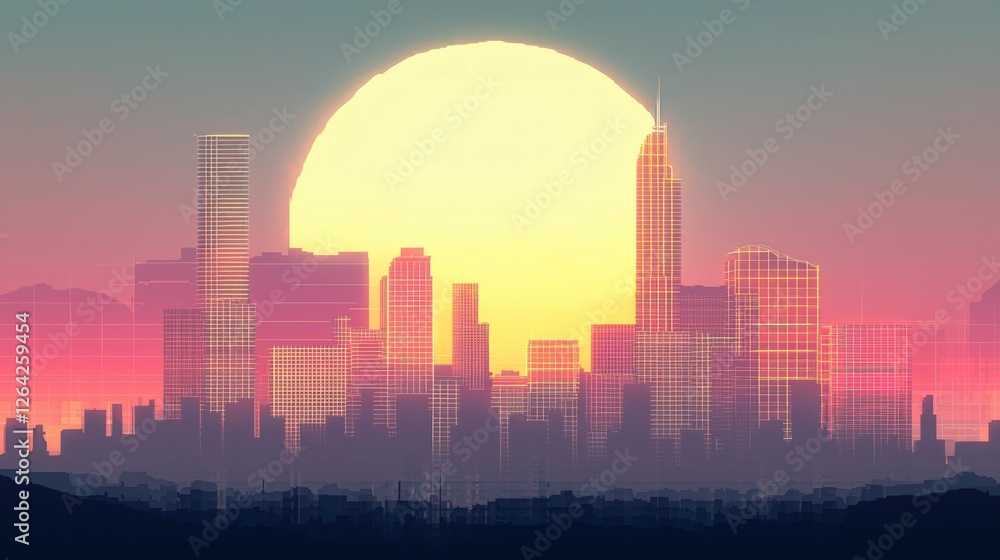 Retro Futuristic Cityscape Sunset 80s Style Skyline Urban Buildings Neon Retro Futuristic Cityscape Sunset 80s Style Skyline Urban Buildings Neon