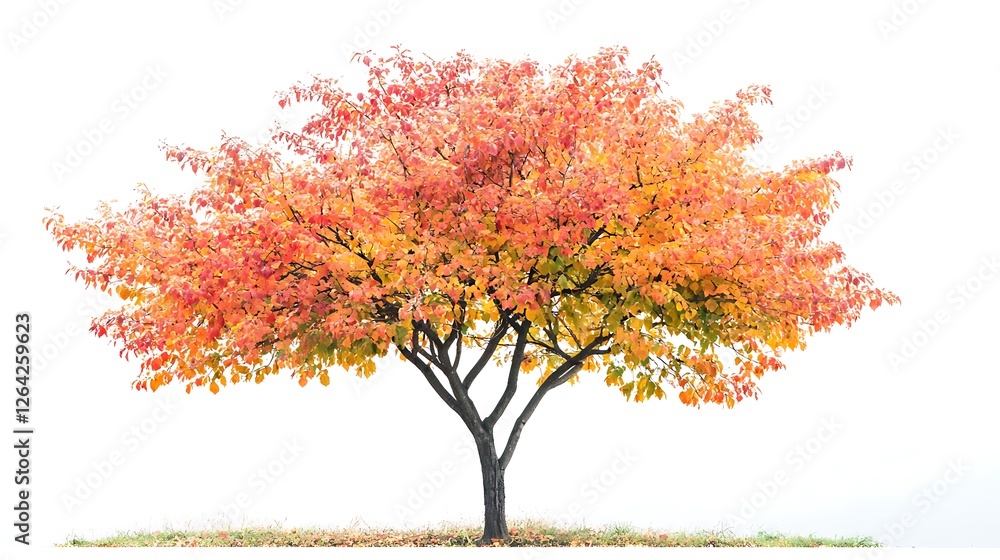 Vibrant Autumn Tree with Colorful Foliage Against White Background in Natural Light Vibrant Autumn Tree with Colorful Foliage Against White Background in Natural Light