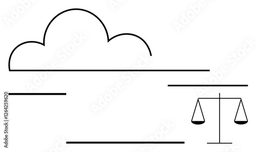 Cloud outlines and a balanced scale expressing harmony, law, and balance. Ideal for cloud computing, law, fairness in tech, ethics, justice systems, equality abstract line flat metaphor