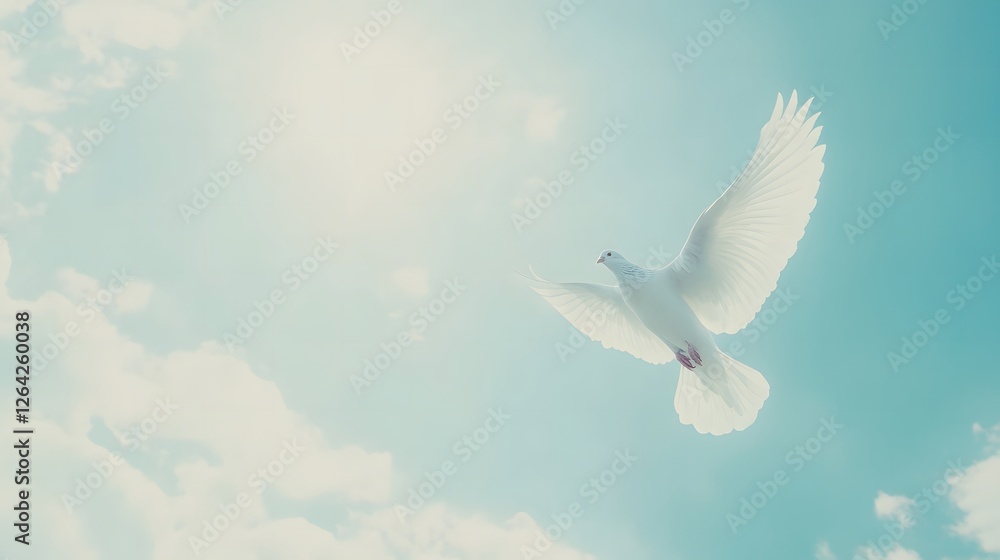 Fototapeta premium White dove flying in clear blue sky, symbolizing peace, freedom, and hope, with serene and tranquil atmosphere, representing harmony and unity