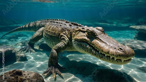 Wallpaper Mural Stealth in the Lagoon: Crocodile Gliding Among Rocks and Tropical Vegetation Torontodigital.ca