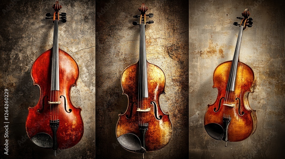 Fototapeta premium Three cellos, studio shot, textured wall, musical instruments, advertising