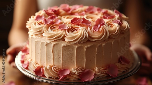 A beautifully decorated pink rose cake held by a person, with soft lighting and a rustic background