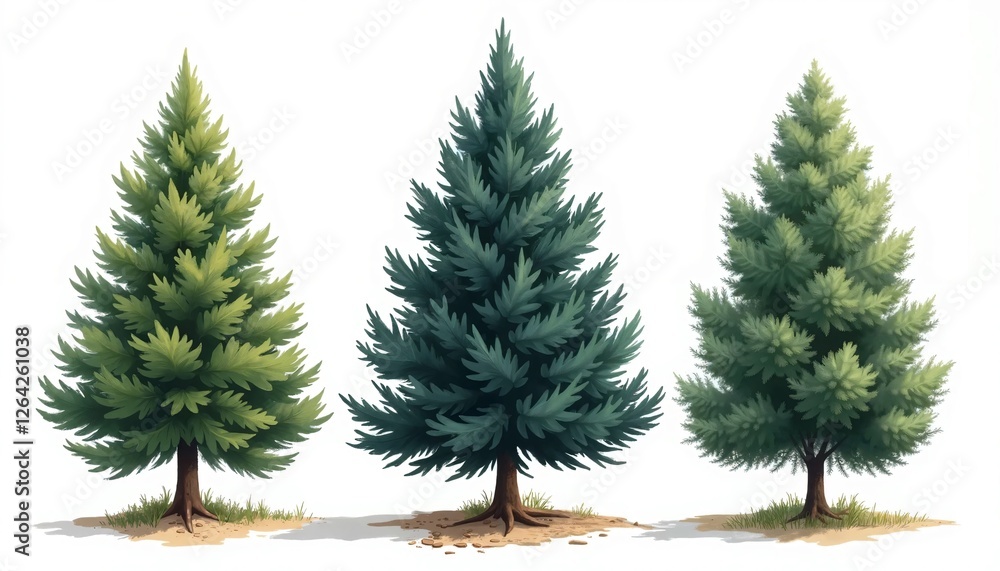 Three Evergreen Trees of Distinct Colors and Shapes Three Evergreen Trees of Distinct Colors and Shapes