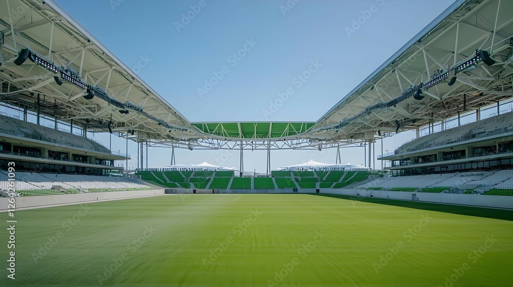 Naklejka premium Modern Soccer Stadium with Green Field and White Seats Under Bright Sunlight