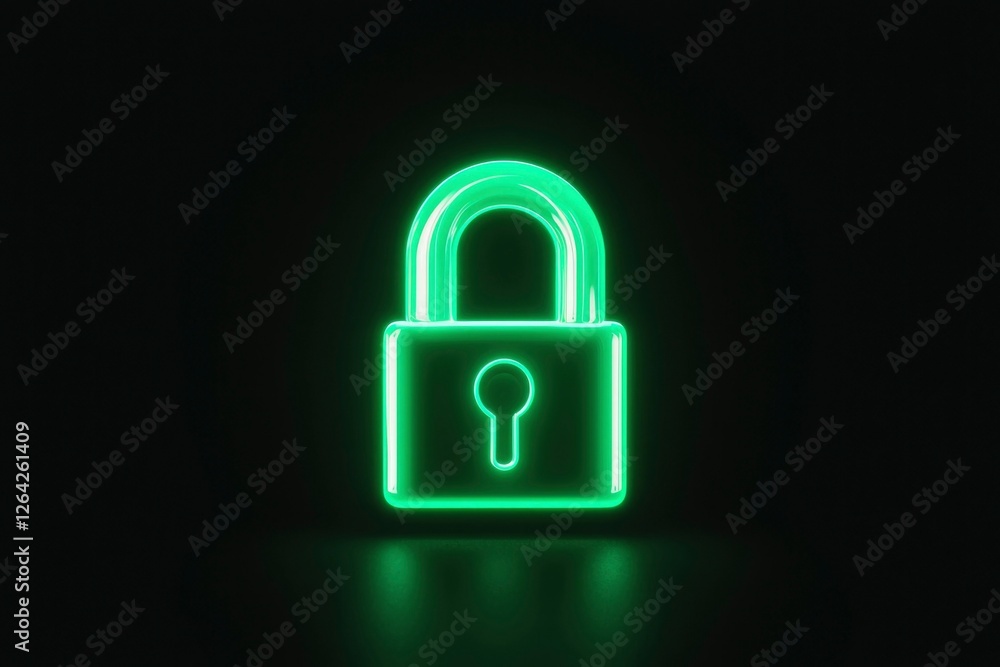 Green neon padlock symbolises data protection on a reflective black surface Green neon padlock symbolises data protection on a reflective black surface
