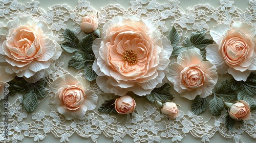Elegant floral arrangement featuring soft peach roses and delicate lace background, perfect for decor