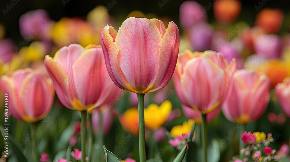 Vibrant pink and yellow tulips blooming in a colorful garden during springtime Vibrant pink and yellow tulips blooming in a colorful garden during springtime