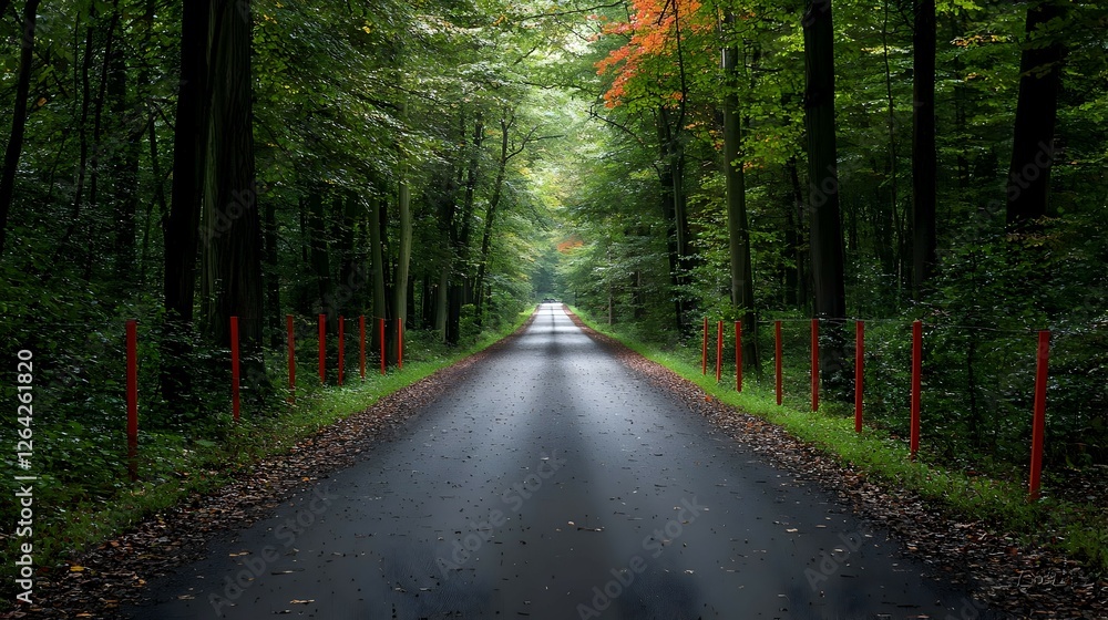 Empty Wet Asphalt Road Through Green Forest in Autumn Rain Empty Wet Asphalt Road Through Green Forest in Autumn Rain