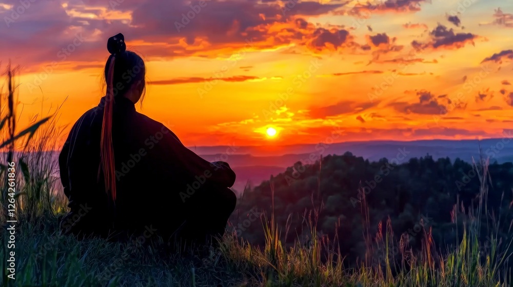 Serene Sunset Silhouette  Woman Meditating at Sunrise  Peaceful Landscape