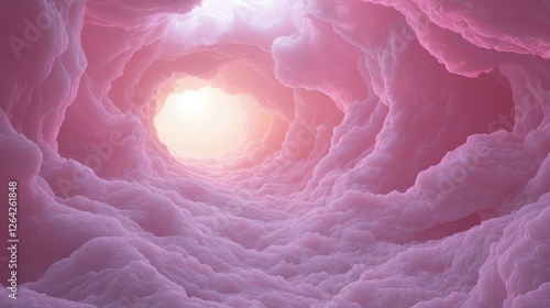 Ethereal pink clouds swirling in a luminous tunnel with soft light illuminating the scene