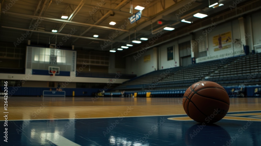 A basketball resting on the court in an empty gymnasium, highlighting a sports environment. A basketball resting on the court in an empty gymnasium, highlighting a sports environment.