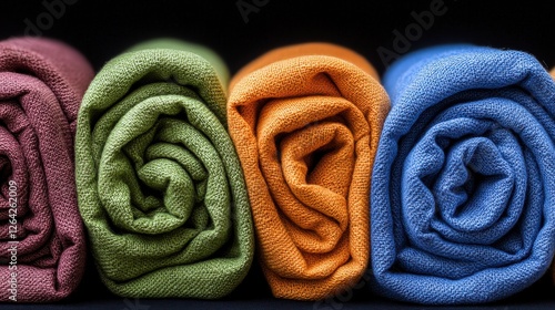 Vibrant Rolled Fabrics in Various Colors Displayed on a Black Background for Textiles Showcase