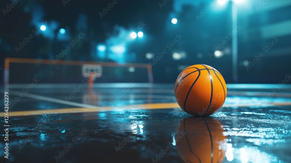 A basketball rests on a wet court, illuminated by soft lights in a nighttime setting. A basketball rests on a wet court, illuminated by soft lights in a nighttime setting.