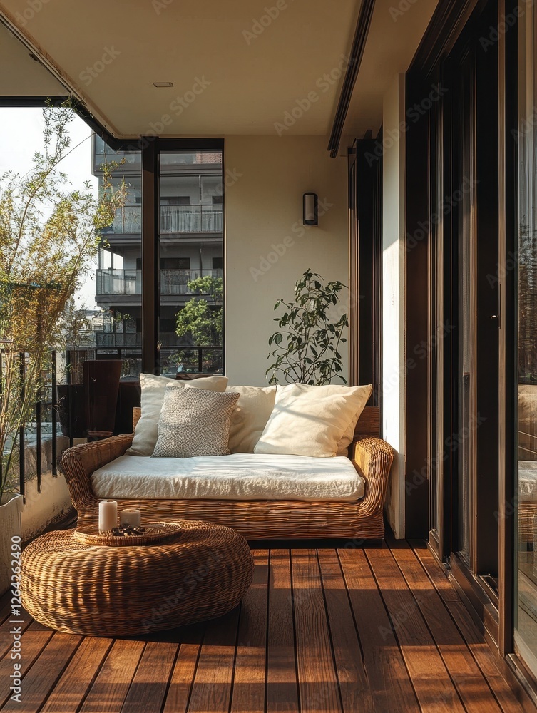 Fototapeta premium Inviting outdoor balcony showcases rattan furniture and hardwood flooring