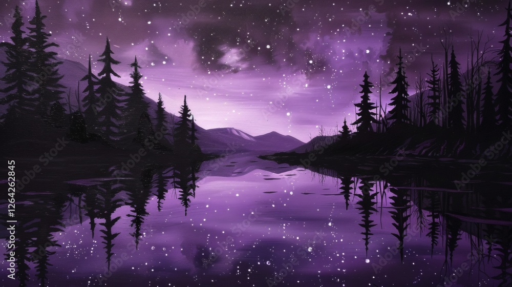 Fototapeta premium Mystical Purple Twilight Over Calm Water with Starry Reflection