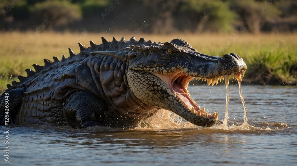 Fototapeta premium Crocodile Hunting Wildebeest Near Watering Hole, Dramatic Struggle in Water
