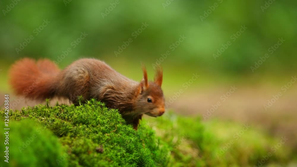Close up shot of brown Squirrel on moss in forest hunting for prey. Slow motion shot. Autumn day in woodland. Close up shot of brown Squirrel on moss in forest hunting for prey. Slow motion shot. Autumn day in woodland.