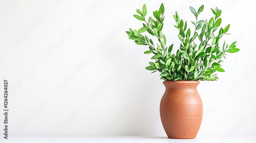 Rustic Terracotta Vase with Green Branches Simple Home Decor Minimalist Still Life Rustic Terracotta Vase with Green Branches Simple Home Decor Minimalist Still Life
