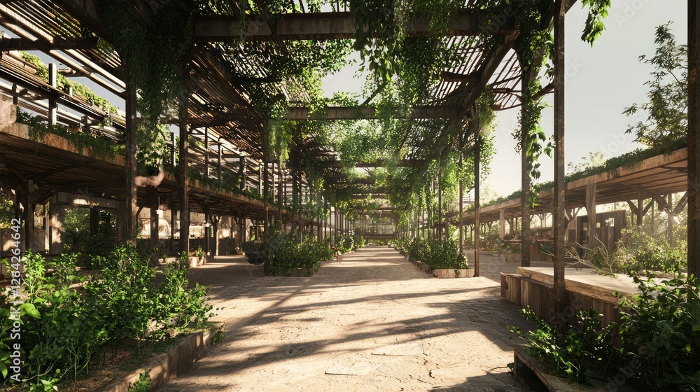 Abandoned Open Air Market Surrounded by Lush Greenery and Vines Abandoned Open Air Market Surrounded by Lush Greenery and Vines