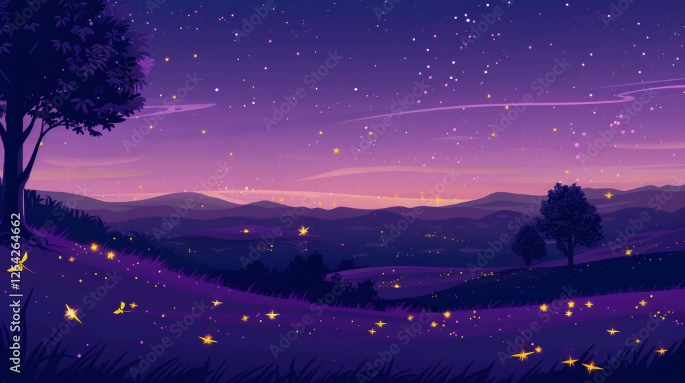 Fototapeta premium Enchanted Night Sky with Stars and Fireflies in a Serene Landscape