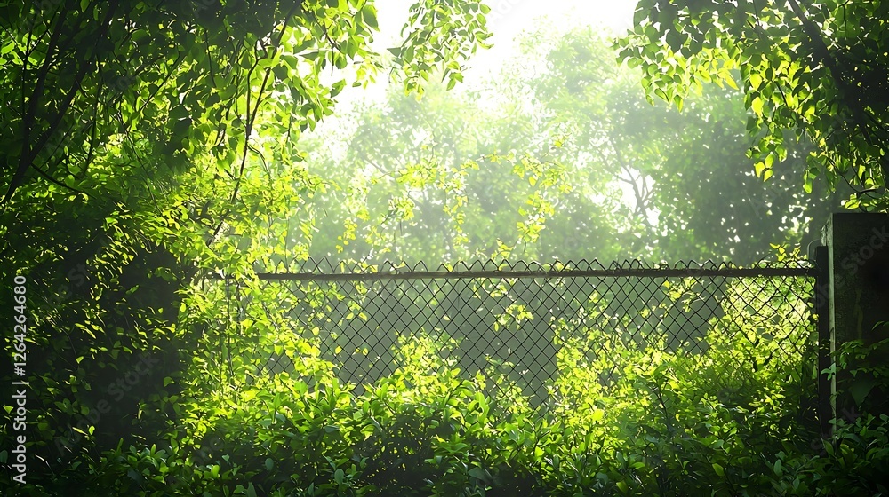 Fototapeta premium Overgrown Green Fence with Sunlit Leaves and Trees