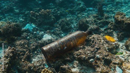 Ocean plastic bottle pollution coral reef photo