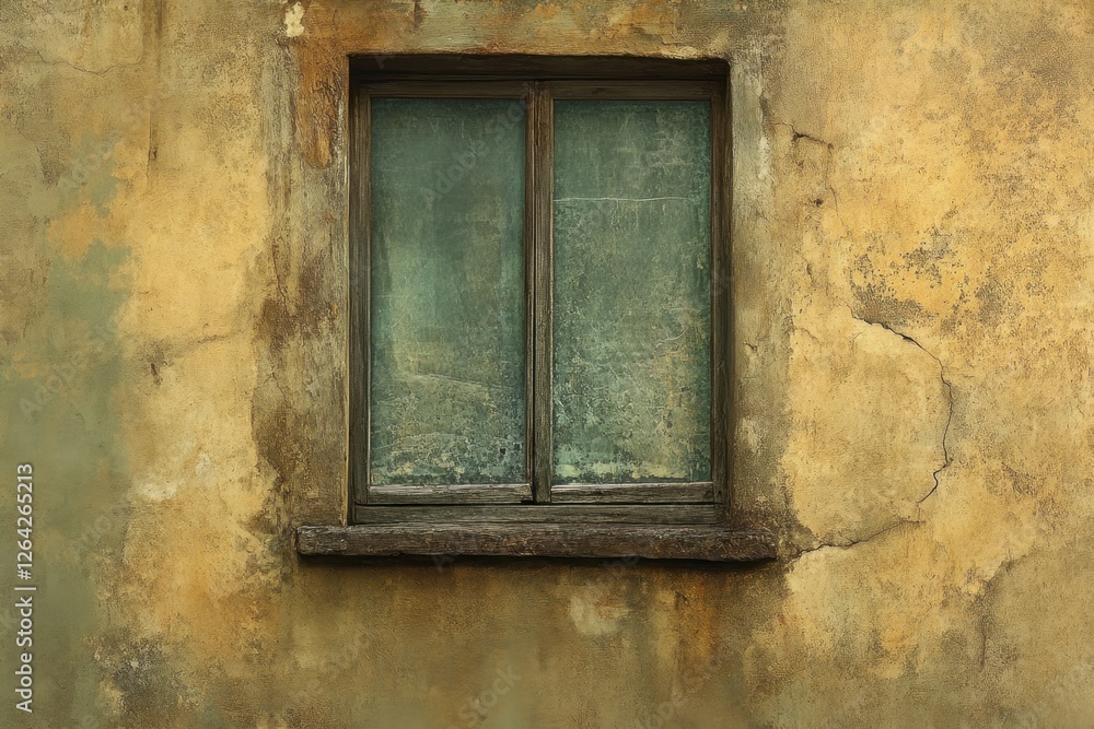 Aged window sits on a weathered and cracked plaster wall Aged window sits on a weathered and cracked plaster wall