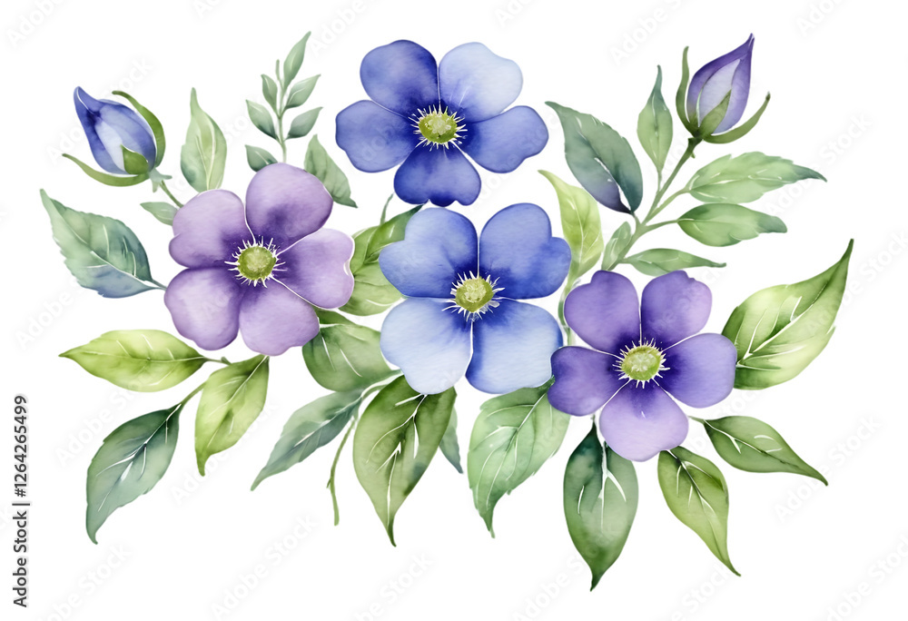 Obraz premium Watercolor artwork featuring tropical spring blooms and green foliage isolated on a transparent PNG background, suitable for bouquet greetings or wedding card designs. Generative AI