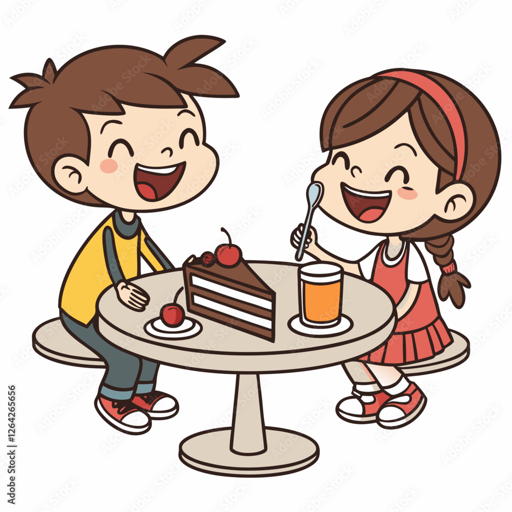 Joyful Children Enjoying Delicious Cake and Juice Joyful Children Enjoying Delicious Cake and Juice