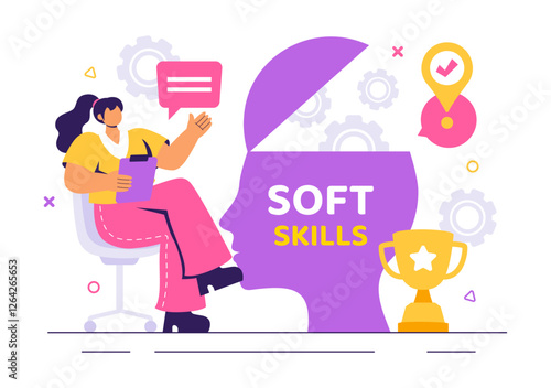Vector Illustration of Office Workers Demonstrating Soft Skills such as Empathy, Communication, Idea Development, Teamwork, and Professional Growth