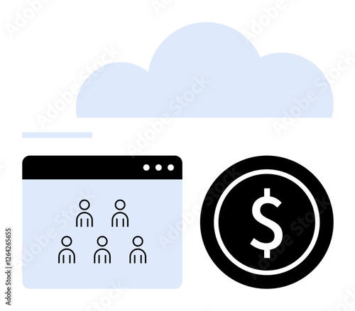 Cloud, webpage of user profiles, and dollar icon illustrate digital connections, online payments, remote work. Ideal for technology, networking, finance, innovation e-commerce cloud storage