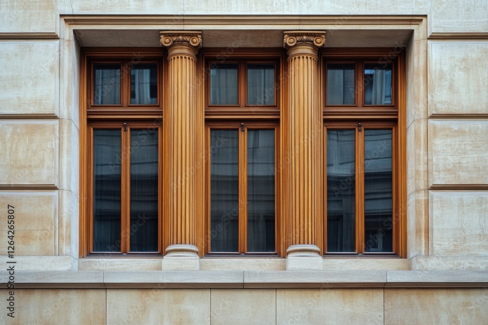 Ornate window featuring columns built into a stone wall Ornate window featuring columns built into a stone wall