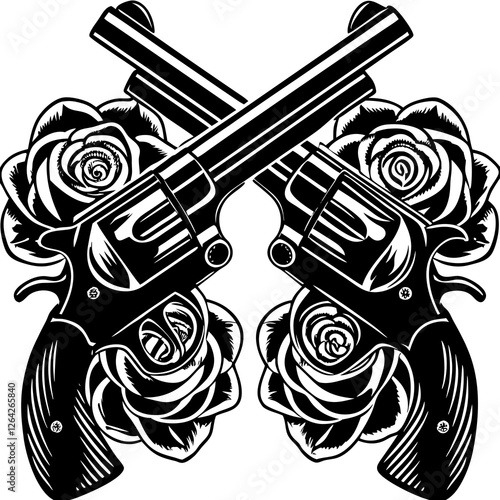 crossed revolvers adorned with roses,  sketch engraving illustration. Scratch board imitation. Black and white image.