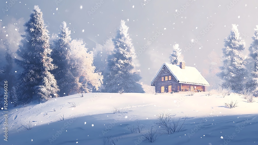 Serene Winter Landscape with Snowy Cabin Surrounded by Frosted Pine Trees Serene Winter Landscape with Snowy Cabin Surrounded by Frosted Pine Trees