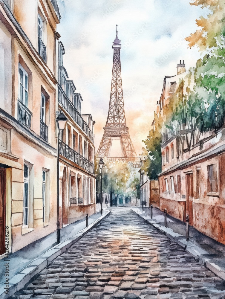 Obraz premium Charming street view of the Eiffel Tower in Paris at sunset with beautiful buildings lining the cobblestone road. Generative AI
