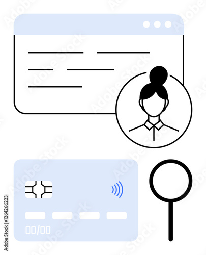Profile icon, web layout, credit card chip, and magnifying glass symbolize digital identity, online payments, and secure user verification. Ideal for e-commerce, security, digital banking abstract