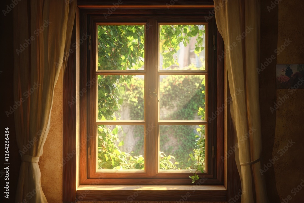 A window view reveals bright greenery and natural light A window view reveals bright greenery and natural light