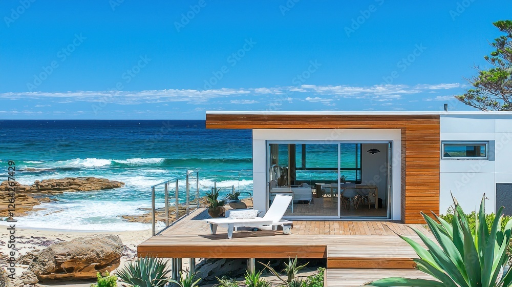 Oceanfront modern house, deck, lounge chair, waves crashing, coastal luxury real estate Oceanfront modern house, deck, lounge chair, waves crashing, coastal luxury real estate