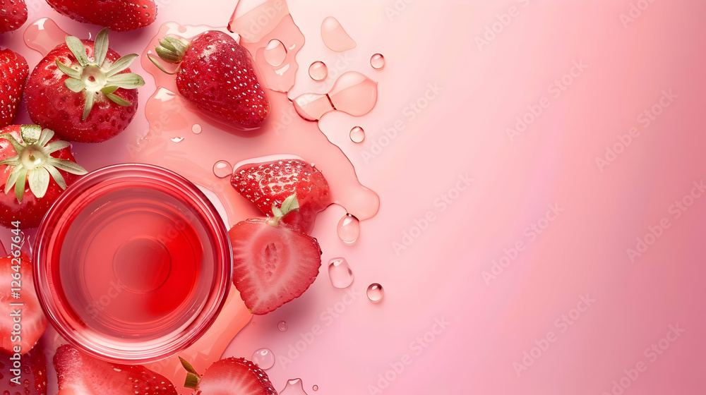 Fresh strawberries and a glass of strawberry juice on a pink background with droplets Fresh strawberries and a glass of strawberry juice on a pink background with droplets