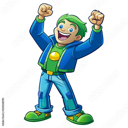 Joyful Cartoon Man Celebrates Victory: Hands Raised High on White Background