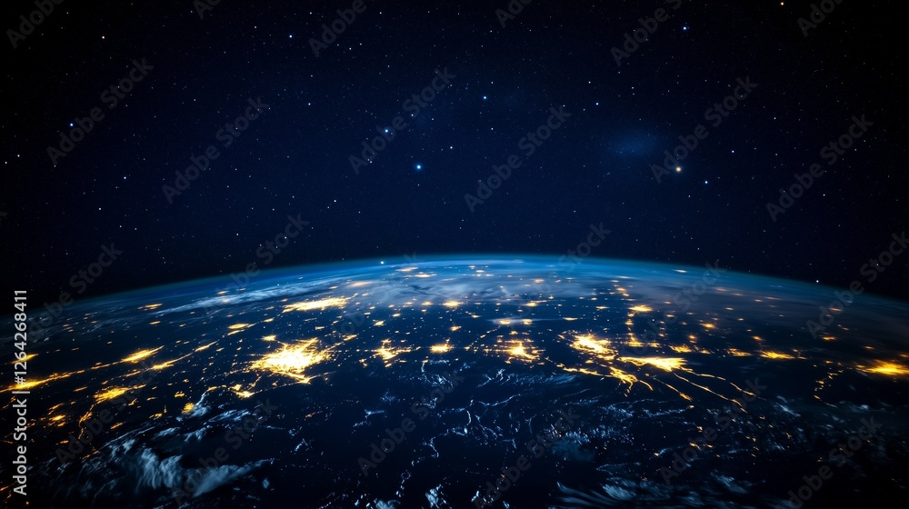 Obraz premium A stunning view of Earth from space, showing illuminated cities at night. Perfect for illustrating global connectivity, sustainability, Earth Hour, and environmental awareness.
