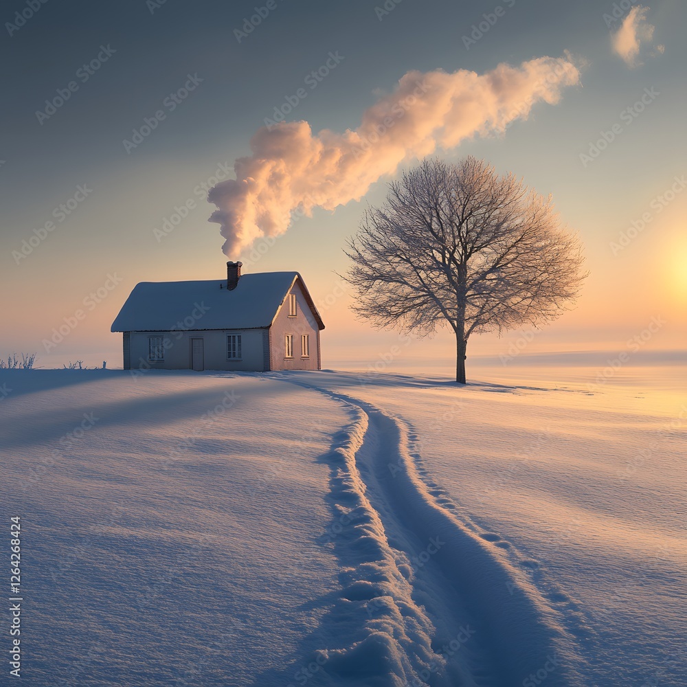Snowy morning, small house, path, sunrise, tranquil scene Snowy morning, small house, path, sunrise, tranquil scene