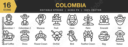 Colombia icon set. Editable Stroke Icon Collection. Includes travel, colombia, destination, architecture, colombian, and More. Outline icons vector collection.