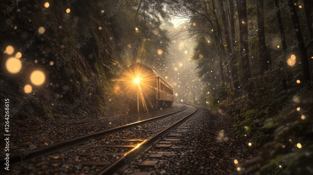 Obraz premium Magical forest train journey, light beams, misty valley, travel poster